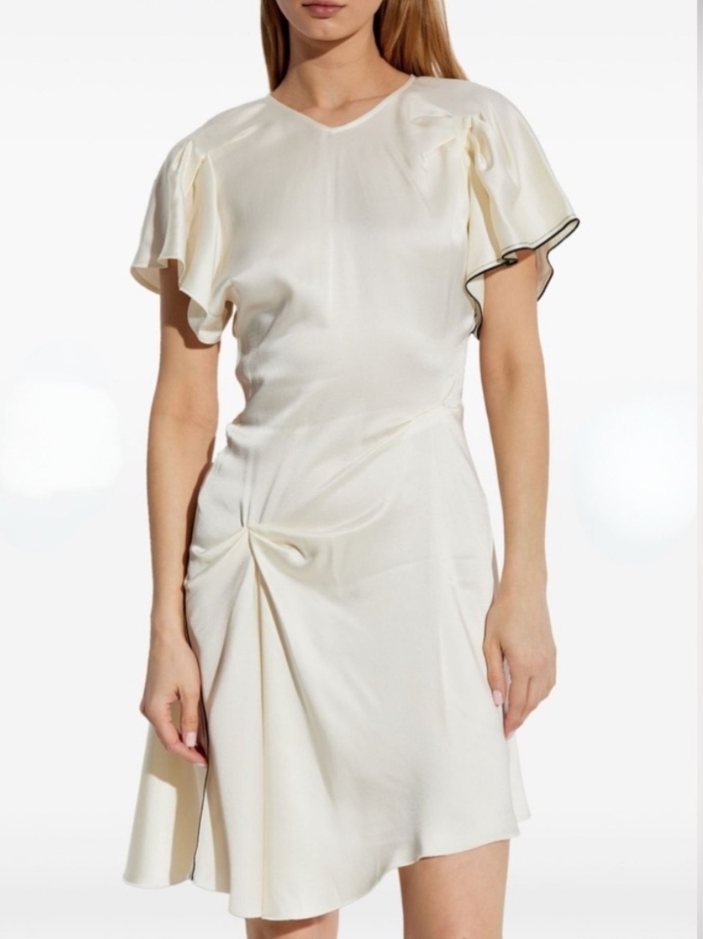 NWT VICTORIA BECKHAM Draped Contrast-Trim Asymmetric Satin Mini Dress Sz 6